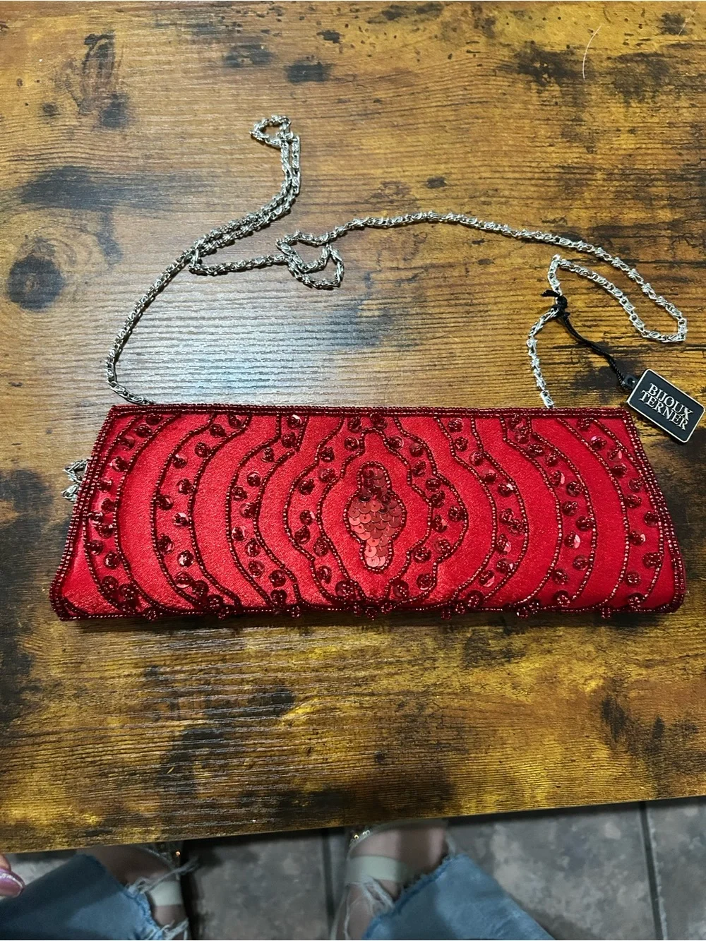 Bijoux Terner Red Beaded Evening Clutch with Chain